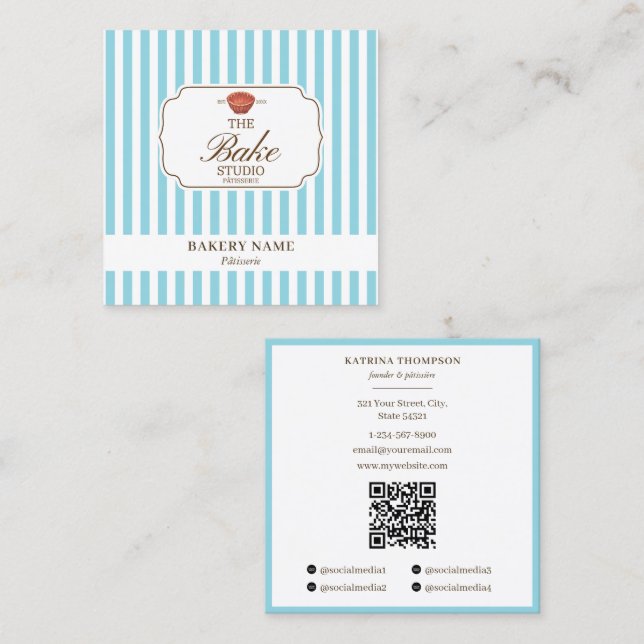 Preppy Brown & Blue Stripes Bakery Logo QR Code Square Business Card (Front/Back)