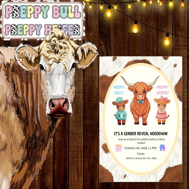 Preppy Bull or Heifer Gender Reveal Hoedown  Invitation (Creator Uploaded)