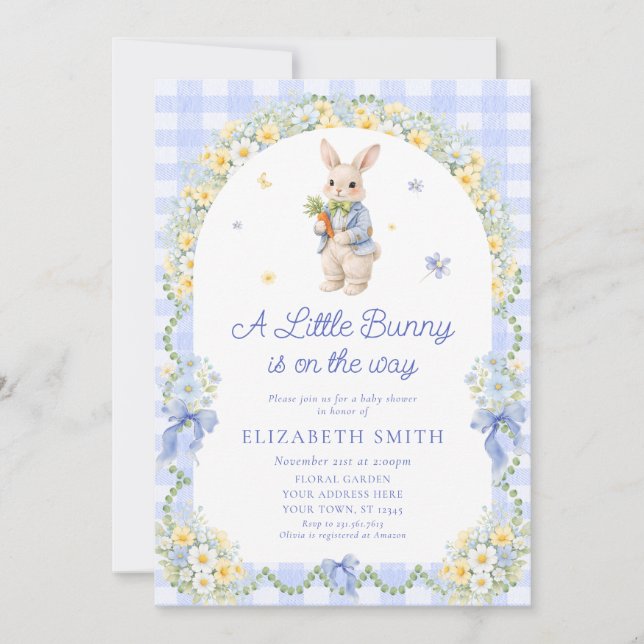 Preppy Bunny Floral Rabbit Gingham Boy Baby Shower Invitation (Front)