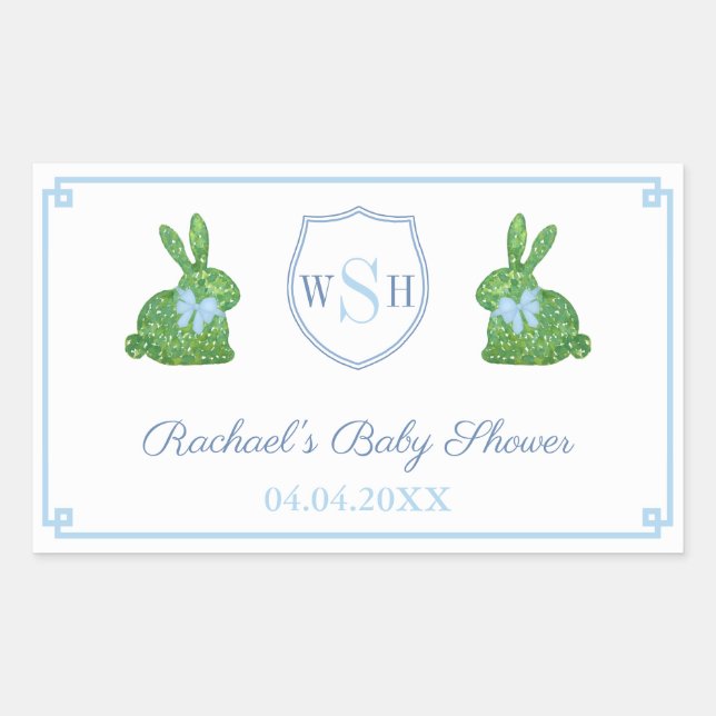 Preppy Bunny Monogram Baby Shower Thank You Favour Rectangular Sticker (Front)