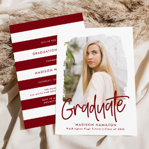 Preppy Burgundy Script Photo Graduation Party Invitation