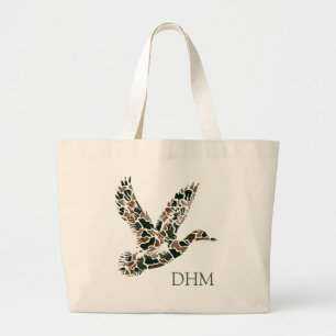 Preppy Camouflage Mallard Duck Monogram Large Tote Bag