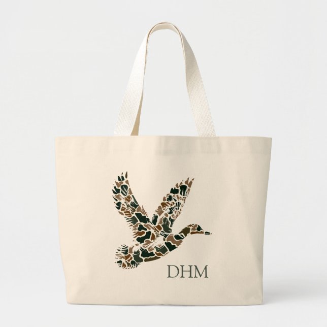 Preppy Camouflage Mallard Duck Monogram Large Tote Bag (Front)
