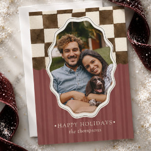Preppy Chequerboard & Stripe Happy Holidays Photo Holiday Card
