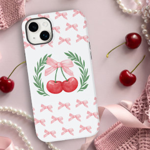 Preppy Cherries Pink Bows and Laurel Wreath Logo iPhone 14 Plus Case
