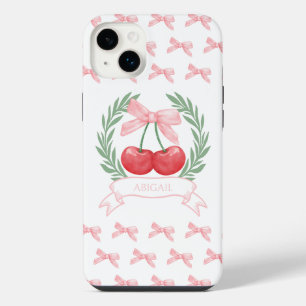 Preppy Cherries Pink Bows Laurel Wreath Logo Name iPhone 14 Plus Case