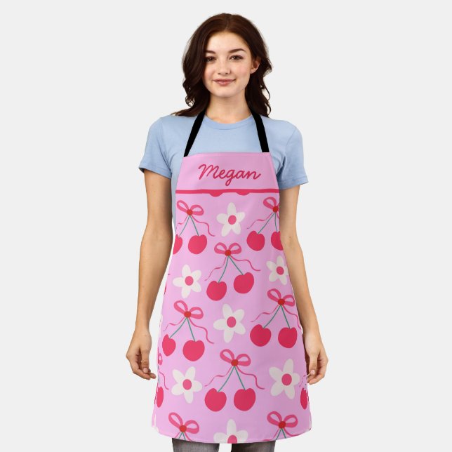 Preppy Cherries with Red Bows and Flowers Name  Apron (Worn)