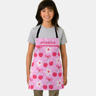 Preppy Cherries with Red Bows and Flowers Name  Apron