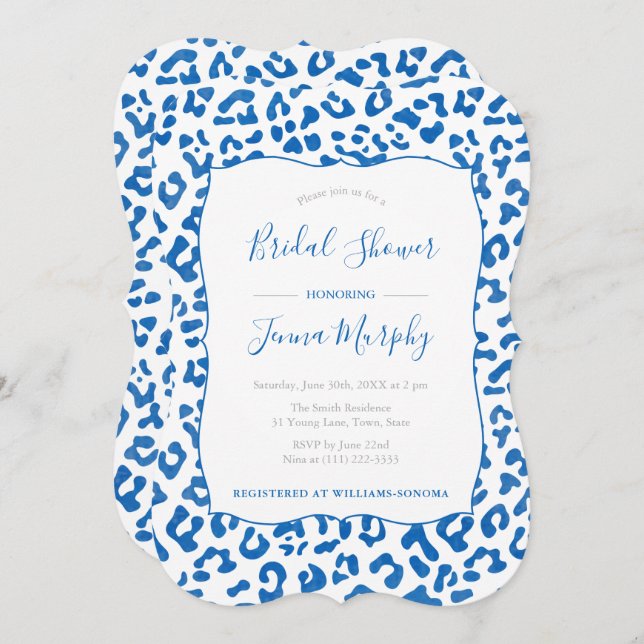 Preppy Chic Blue Leopard Print Bridal Shower Invitation (Front/Back)