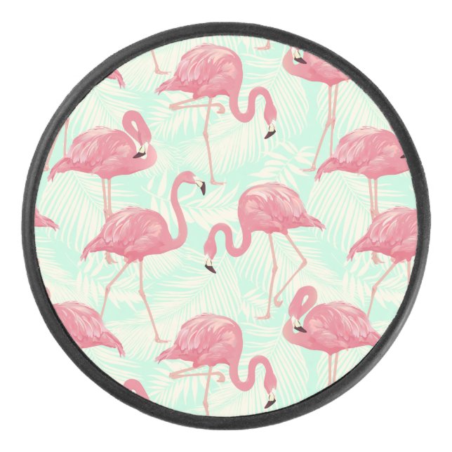 Preppy Chic Elegant Pink Flamingo Pattern Hockey Puck (Front)