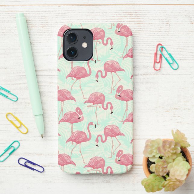 Preppy Chic Elegant Pink Flamingo Pattern iPhone Case (On Desk)