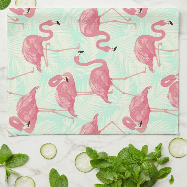 Preppy Chic Elegant Pink Flamingo Pattern Tea Towel (Folded)