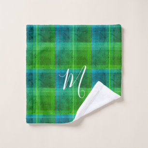 Preppy chic initial green & blue tartan plaid wash cloth