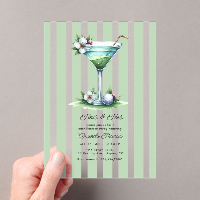 Preppy Chic Martini Golf Bachelorette Party Acrylic Invitations (Insitu (Handheld))