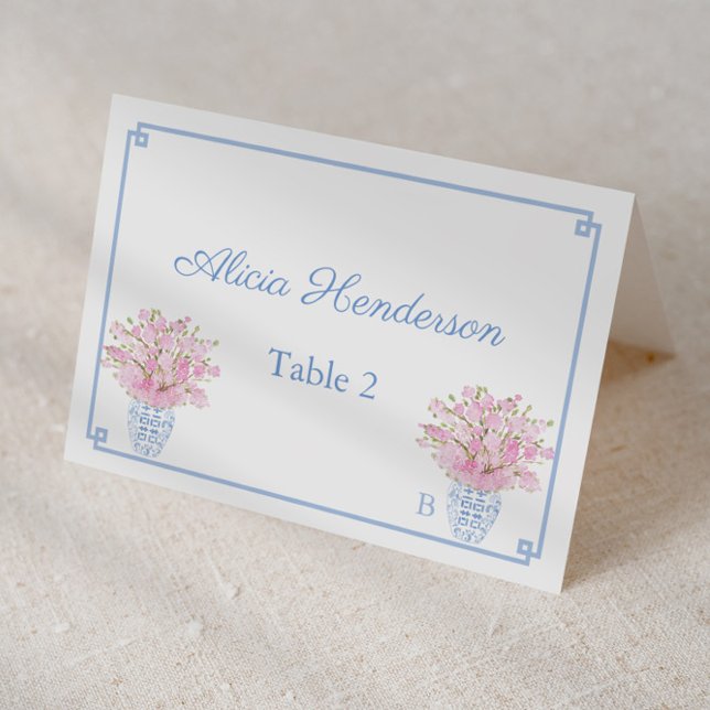 Preppy Chic Pink And Blue Wedding Place Card (Individual place card design featuring pale blue ginger jar filled with blush pink cherry blossoms)