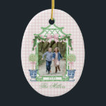 Preppy Chinoiserie Christmas Pagoda Monogram  Ceramic Ornament<br><div class="desc">This Christmas Ornament has a Preppy Chinoiserie design featuring a green bamboo pagoda frame with a Christmas swag with a pink bow and two topiaries in Chinoiserie pots. You can personalise with a name the year and your photo.</div>