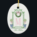 Preppy Chinoiserie Christmas Pagoda Monogram  Ceramic Ornament<br><div class="desc">This Christmas Ornament has a Preppy Chinoiserie design featuring a green bamboo pagoda frame with a Christmas wreath with a pink bow and two topiaries in Chinoiserie pots. You can personalise with a name and your initial.</div>