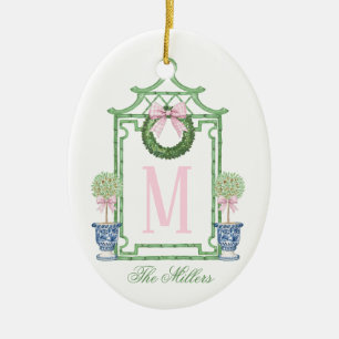 Preppy Chinoiserie Christmas Pagoda Monogram  Ceramic Ornament