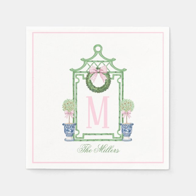 Preppy Chinoiserie Christmas Pagoda Monogram  Napkin (Front)