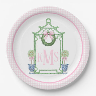 Preppy Chinoiserie Christmas Pagoda Monogram  Paper Plate