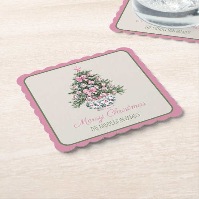 Preppy Chinoiserie Christmas Tree Paper Coaster (Angled)