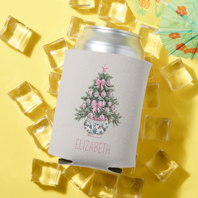 Preppy Chinoiserie Christmas Tree Personalised Can Cooler (In Situ Summer)