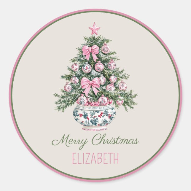 Preppy Chinoiserie Christmas Tree Personalised Classic Round Sticker (Front)