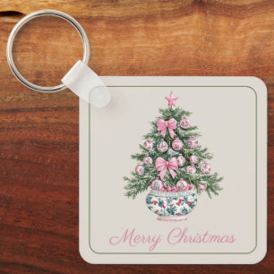 Preppy Chinoiserie Christmas Tree Personalised Key Ring