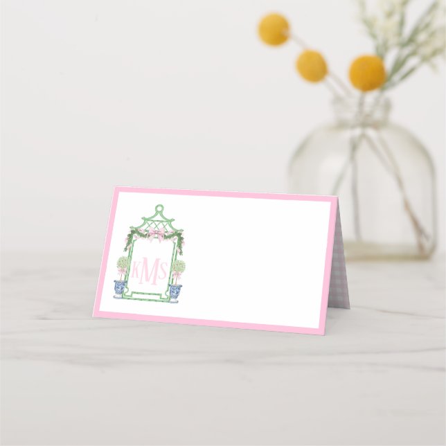 Preppy Chinoiserie Pagoda Monogram  Place Card (Front)