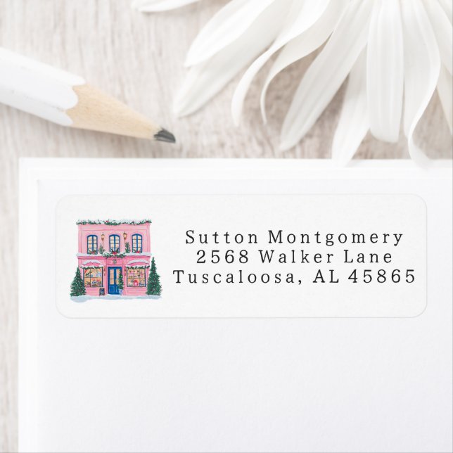 Preppy Chinoiserie Pink Christmas Village Address Return Address Label (Insitu)