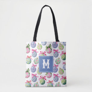 Preppy Christmas Baubles Ornaments Monogram Tote Bag