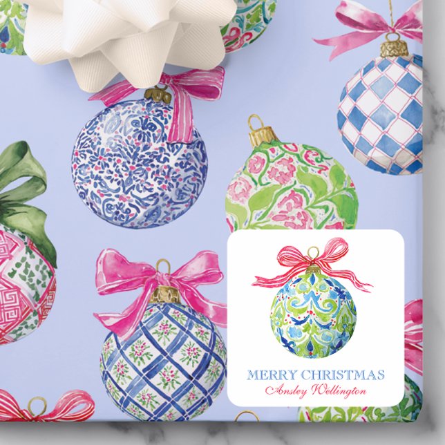 Preppy Christmas Baubles Ornaments Square Sticker (Creator Uploaded)