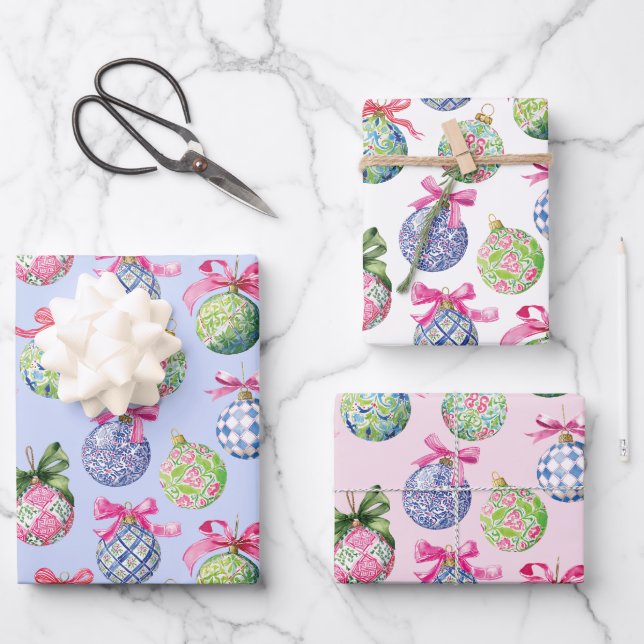 Preppy Christmas Baubles Ornaments Wrapping Paper Sheet (Front)