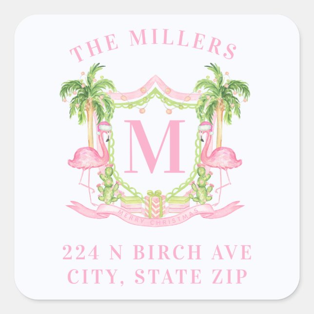 Preppy Christmas Flamingo Crest Monogram Square Sticker (Front)