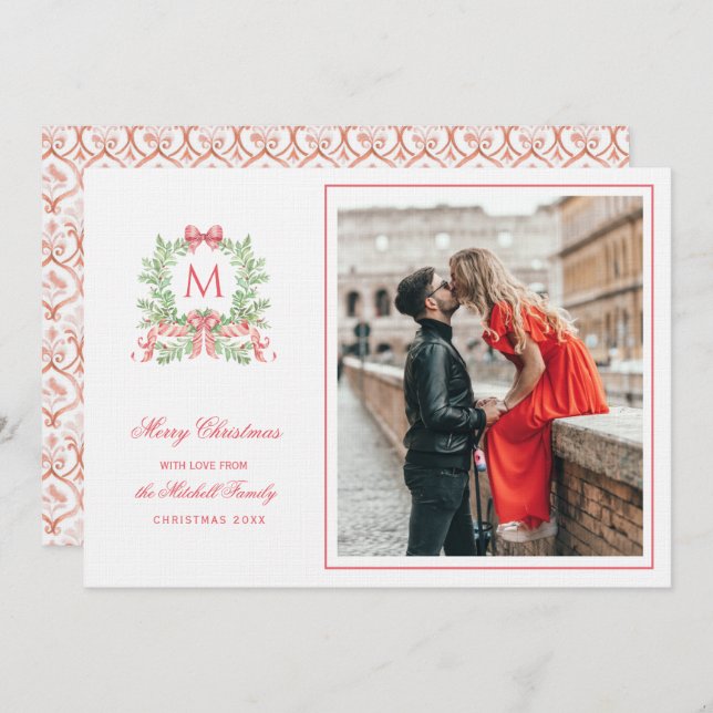 Preppy Christmas Leopard Crest Monogram  Invitation (Front/Back)