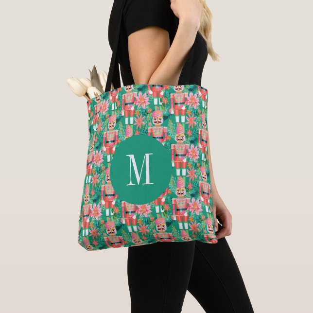 Preppy Christmas Nutcracker Monogrammed Tote Bag (Close Up)