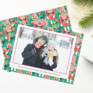 Preppy Christmas Pink & Green Nutcracker Photo Holiday Card