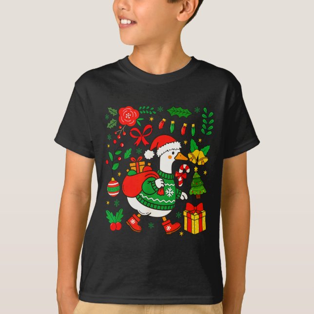 Preppy Christmas Santa Gooses Bow Xmas Tree Funny  T-Shirt (Front)