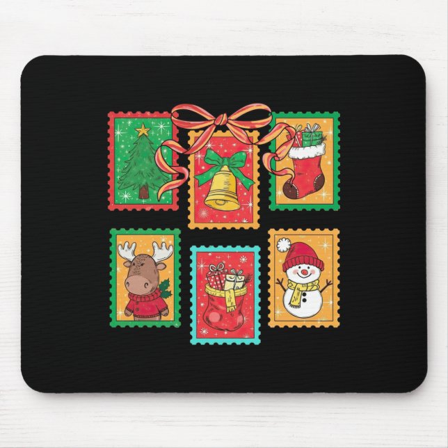 Preppy Christmas Stamps Coquette Bow Reindeer Xmas Mouse Pad (Front)