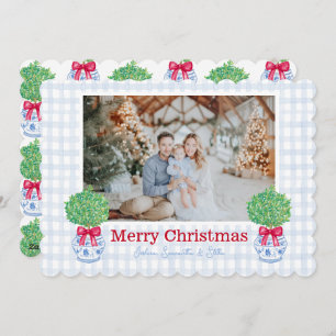 Preppy Christmas Topiary Chinoiserie Pot Bow Holiday Card