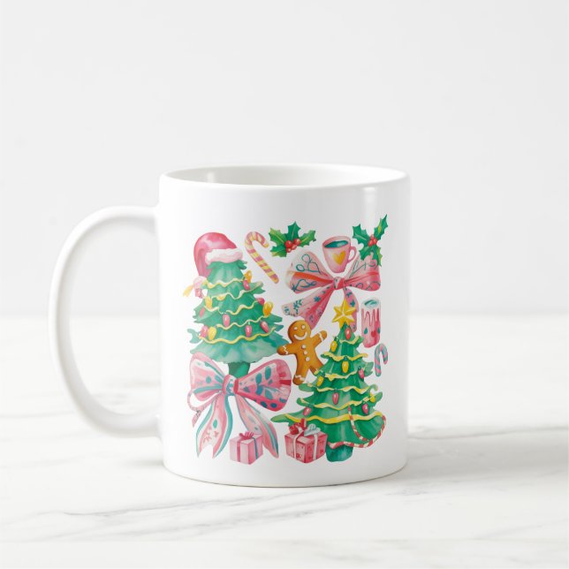 Preppy Christmas Tree Bow Pink Blue Coquette Coffee Mug (Left)