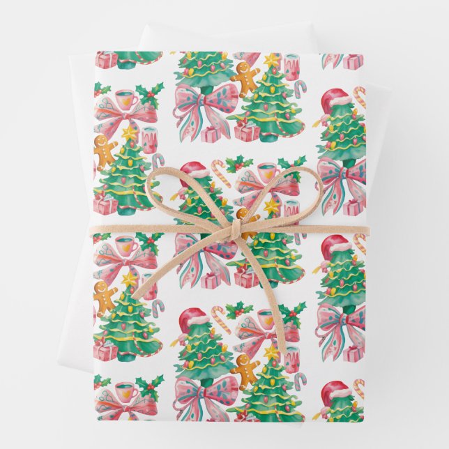 Preppy Christmas Tree Bow Pink Blue Coquette Wrapping Paper Sheet (In situ)