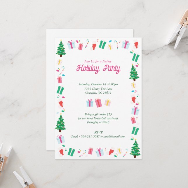 Preppy Christmas Tree Gift Candy Holiday Party Invitation (Front/Back In Situ)