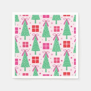 Preppy Christmas Trees with Pink Bows and Gift Box Napkin