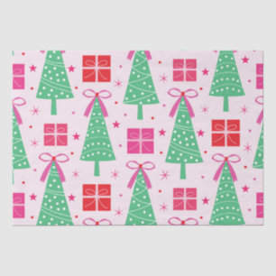 Preppy Christmas Trees with Pink Bows and Gift Box Tissue Paper