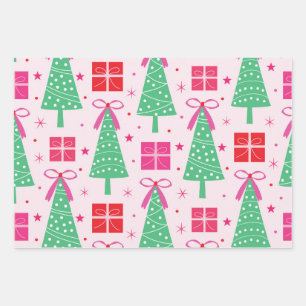 Preppy Christmas Trees with Pink Bows and Gift Box Wrapping Paper Sheet