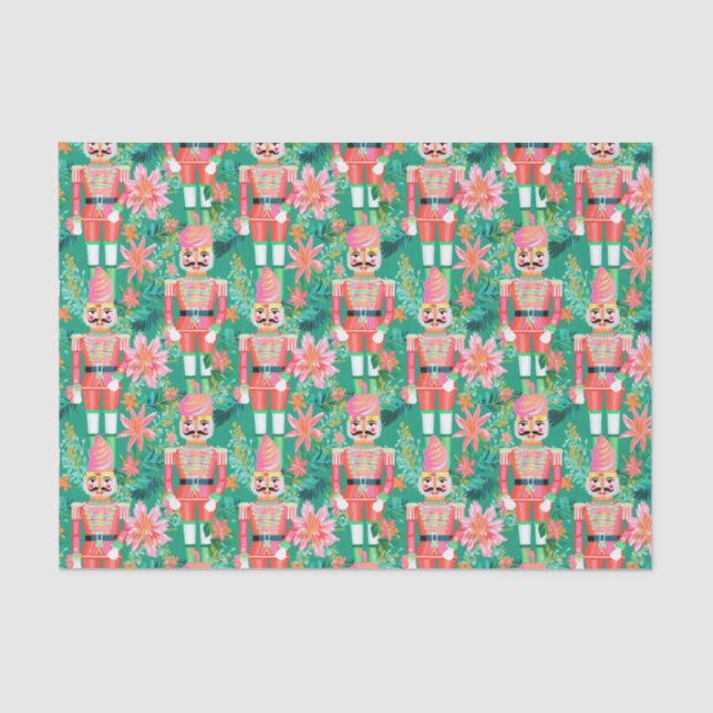 Preppy Christmas Watercolor Pink Green Nutcracker Tissue Paper (Front)