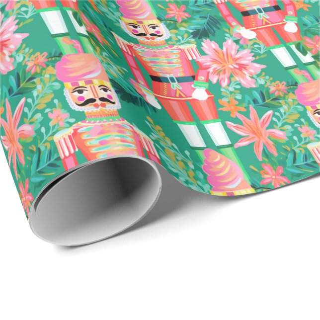 Preppy Christmas Watercolor Pink Green Nutcracker Wrapping Paper (Roll Corner)