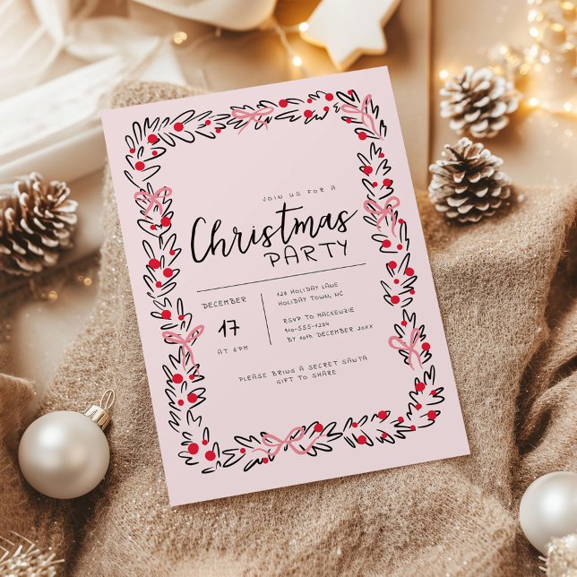 Preppy Christmas Wreath & Bow Party Invitation (Whimsical Christmas Wreath holiday party invitation)