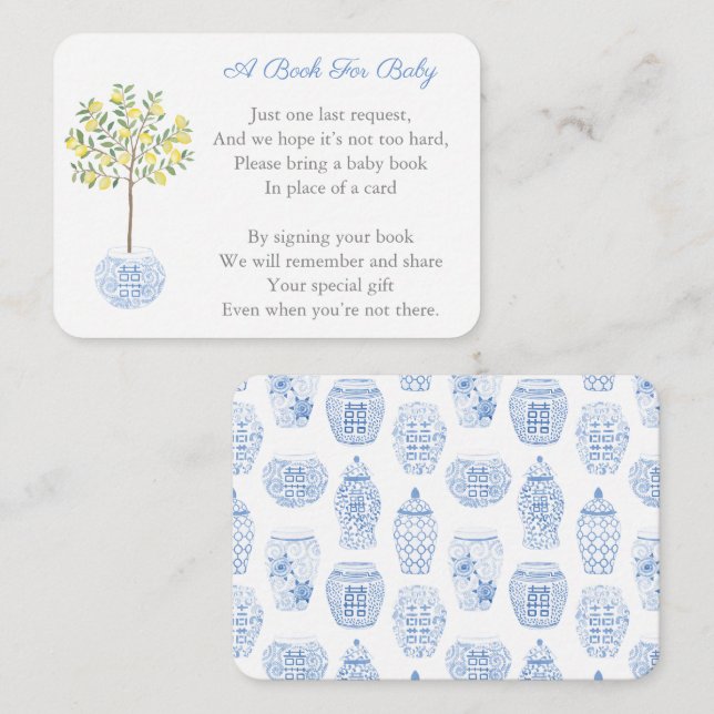 Preppy Citrus Lemon Tree Bring A Book Baby Shower Enclosure Card (Front/Back)